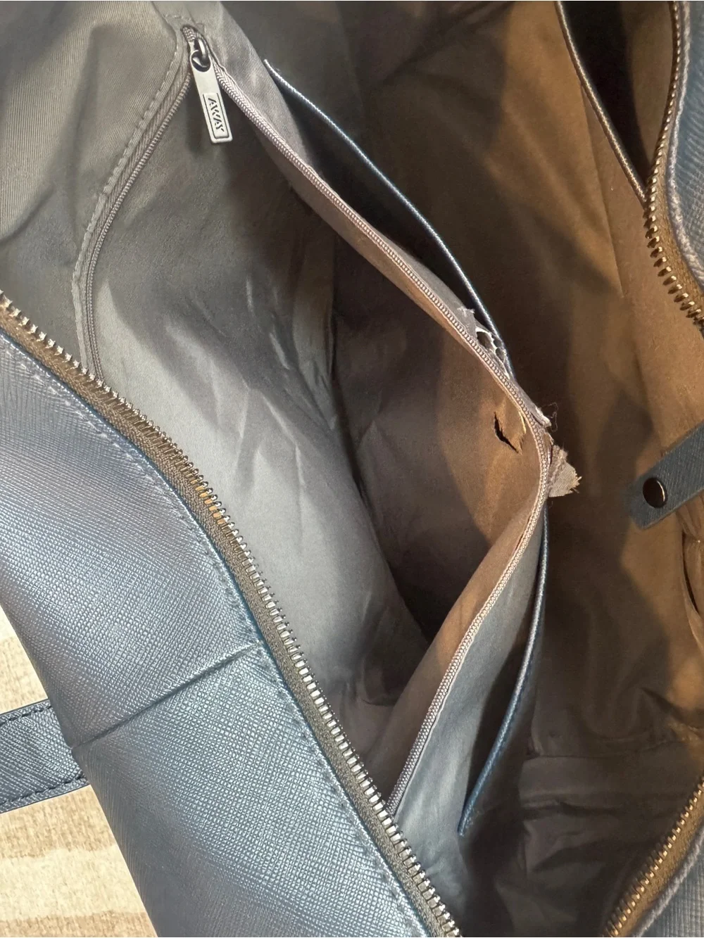 Away The Everywhere Bag blue saffiano leather weekender travel duffel bag
